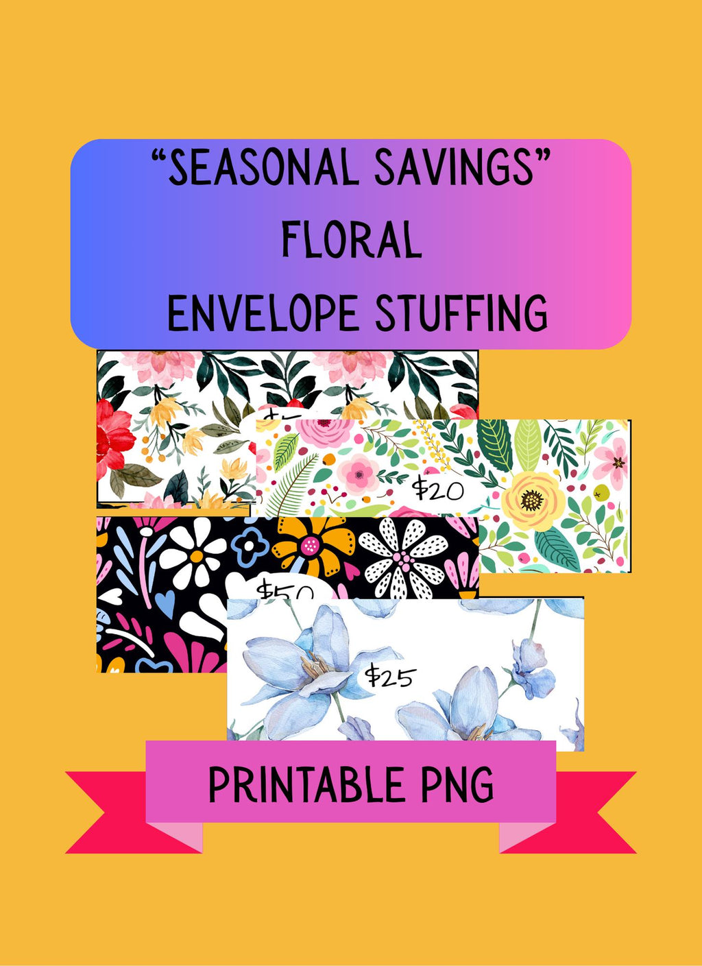 Floral - Themed Savings Challenge | 14-Page Digital PNG | Cash Stuffing Budget Tracker with 27 Envelope Cut-Outs A6 size Instant Download