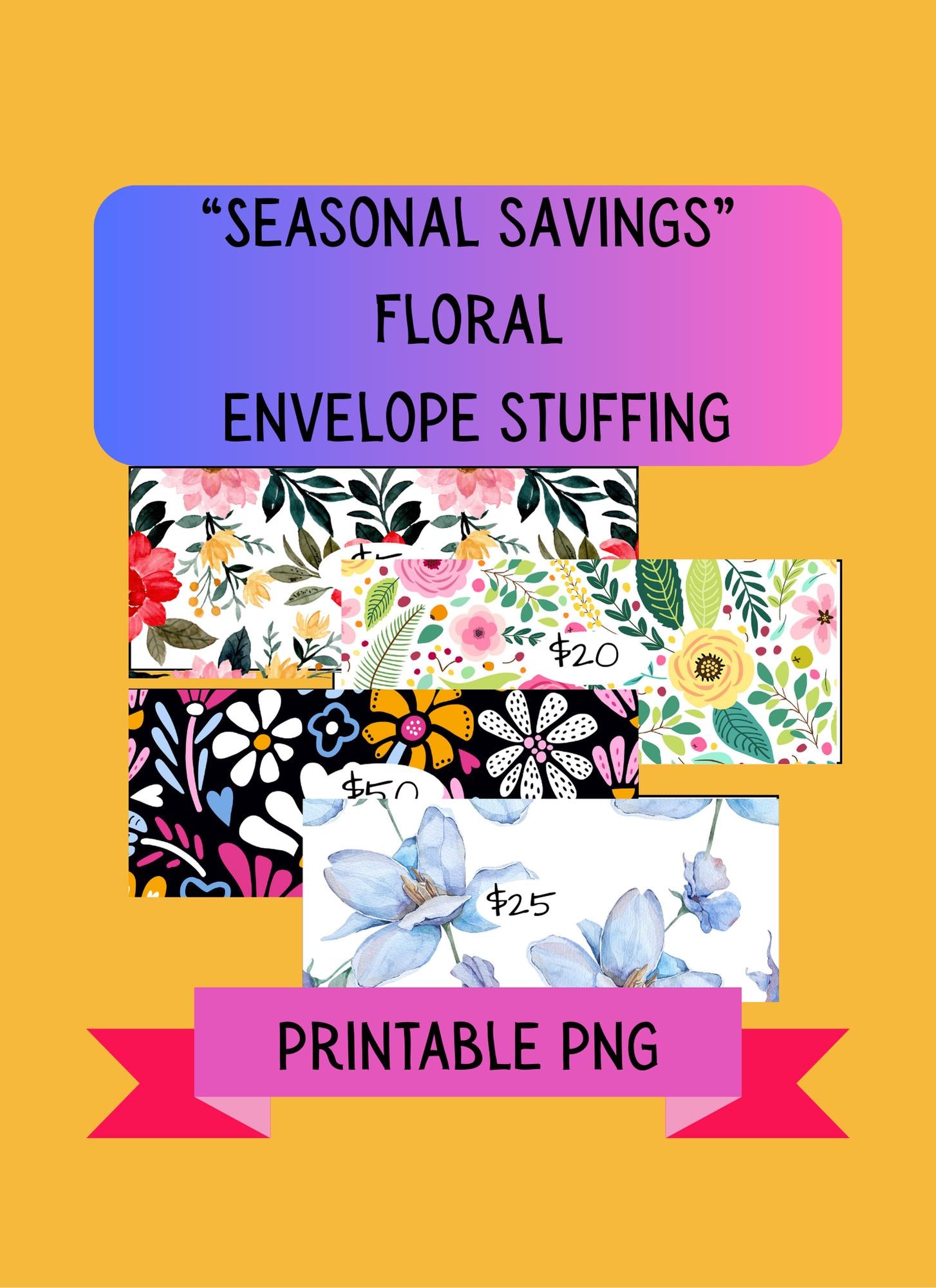 Floral - Themed Savings Challenge | 14-Page Digital PNG | Cash Stuffing Budget Tracker with 27 Envelope Cut-Outs A6 size Instant Download
